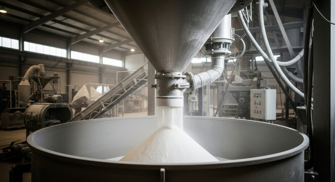 Industrial powder processing system filling large metal container with fine white material in modern factory facility, automated bulk handling equipment operating in spacious production hall