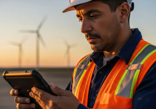 Focused engineer in safety vest using digital tablet to inspect wind turbines at renewable energy site during sunset, analyzing performance data and monitoring sustainable power production - Powered by Adobe