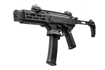 Modern black submachine gun with folding stock and extended magazine on white back