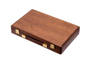 Elegant wooden briefcase with gold latches and leather handle isolated on white back