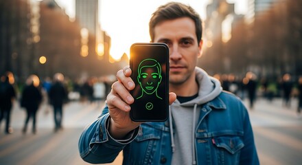 Facial Recognition: A man, holding up a smartphone displaying a facial recognition scan, in a city landscape, reflecting themes of advanced technology, security, and digital identification.