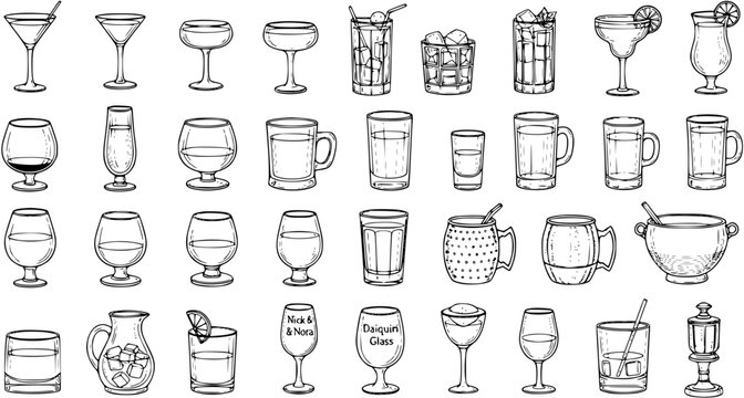 Hand-drawn Line Art Collection of Barware and Drinking Glasses. Assortment of Cocktail Cups, Mugs, Pitchers, and Punch Bowls for Beverage, Bar, Party, and Restaurant Designs