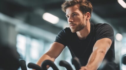 Focused young man working out on a stationary bike in a modern gym, wearing a black t shirt and looking determined. Fitness motivation and healthy lifestyle concept in an urban environment