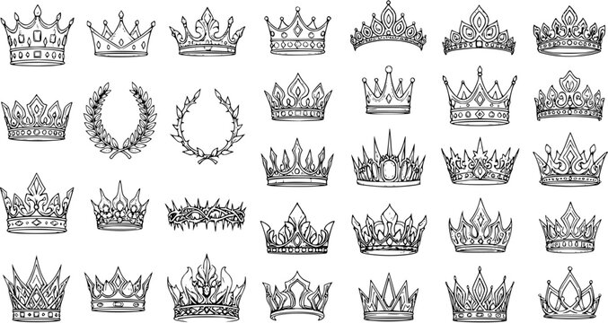 Collection of Black and White Line Art Crowns and Laurel Wreaths, Royalty and Prestige Icons