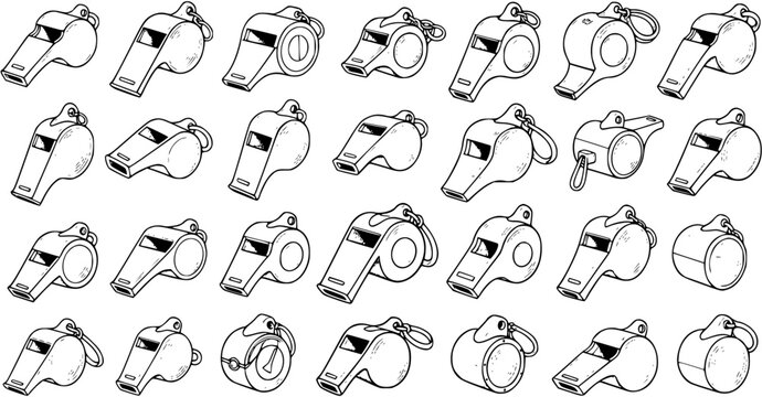 Black and White Line Art Collection of Various Sports Whistles, Vector Illustration