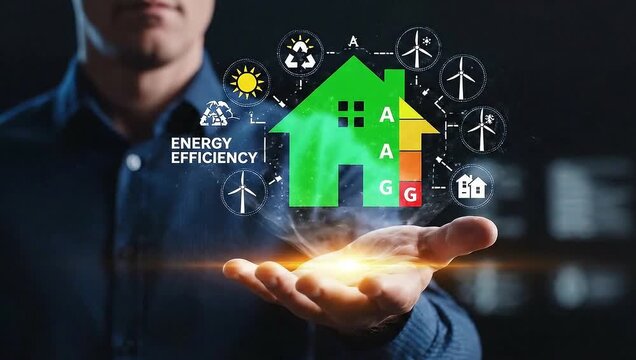 Man holding a glowing energy efficient house icon with renewable energy symbols.