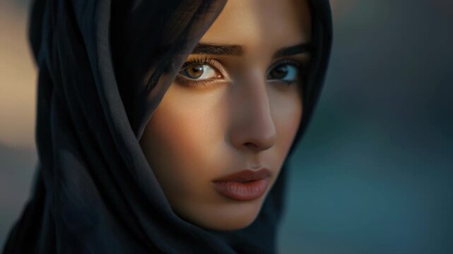 The features a young woman in a contemplative pose with her gaze directed off-camera. Her expression is thoughtful, and she wears a hijab. The background is softly blurred