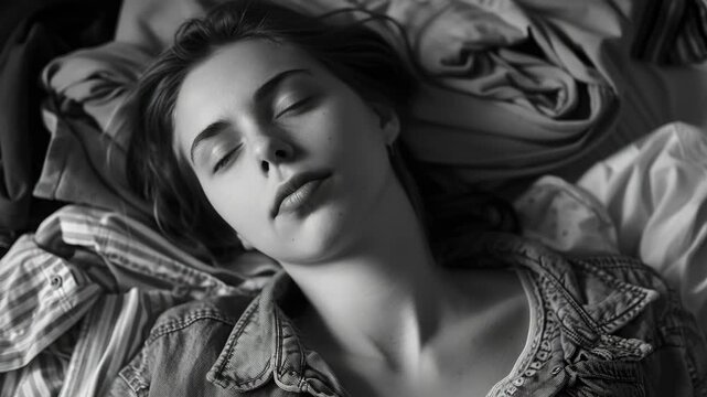 A young lady with long hair lays down in a pile of clothes on a bed. She is asleep and her eyes are closed.