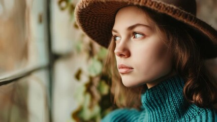 A young lady with thoughtful expression and brown hat.