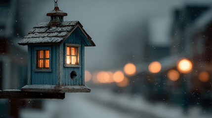 A small, wooden birdhouse with glowing windows hangs in a snowy evening scene.
