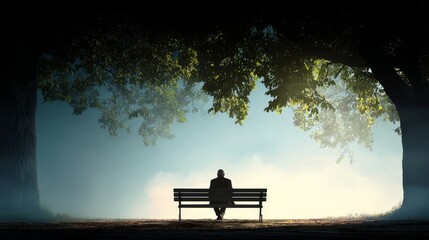 Obraz premium Solitary man sitting on a park bench contemplating a peaceful and atmospheric outdoor scene.