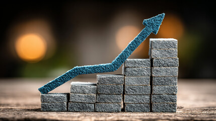 Small stacked gray blocks with a blue arrow showing upward growth trend.