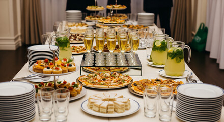 Elegant buffet table laden with delicious appetizers, desserts, and refreshing drinks for a party
