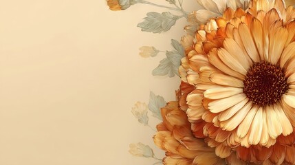 Vibrant orange calendula flowers blooming on a soft, light background with elegant botanical details and ample copy space.