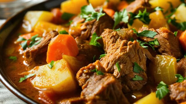 A close-up view of a delicious beef stew with chunks of tender meat, carrots, potatoes, and fresh herbs on top. The stew is served in a bowl on a wooden table, ready to be enjoyed.