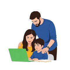 Happy family with child learning online using laptop computer at home.