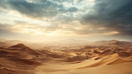 Naklejka premium Dramatic desert landscape with golden sand dunes glowing under a cloudy sky during sunrise or sunset.