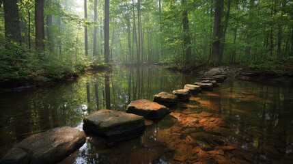 Obraz premium Stepping stones traverse a serene forest stream bathed in morning sunlight, surrounded by tall green trees.