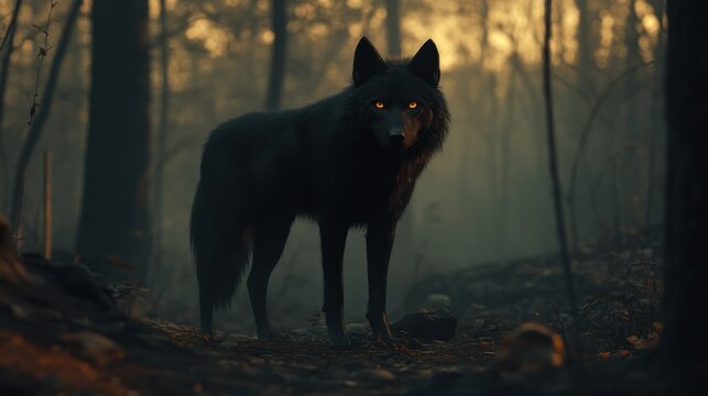 Black wolf with glowing eyes stands alert in a misty forest scene