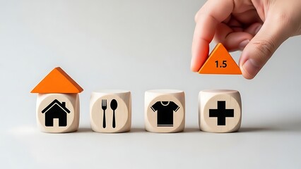 Hand placing orange triangle block with 1.5 on top of wooden blocks