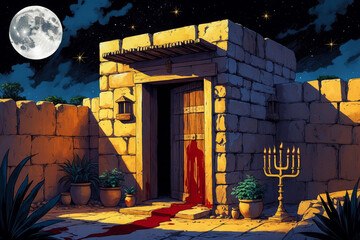 Door Jewish house paint blood sacrificial lamb historical event exodus Jews from Egypt AI Generative