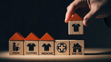 Basic needs for a happy life with a hand placing a block