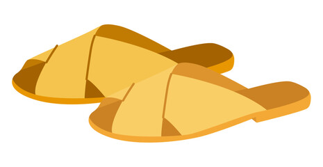 Yellow slide sandal shoe women flat pair. Cross strap open toe sandal for beach walk hotel spa. Technical fashion illustration CAD mockup soft vector man unisex isolated contemporary style. © Vectoressa