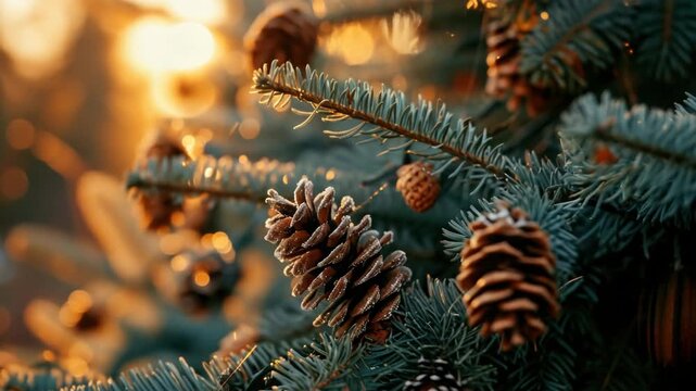 A close-up of a branch from an evergreen tree adorned with pine cones during the autumn season. The setting sun creates warm golden hues in the background