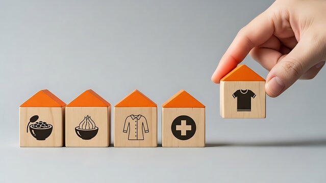 Hand placing wooden block with t-shirt icon among blocks representing basic needs
