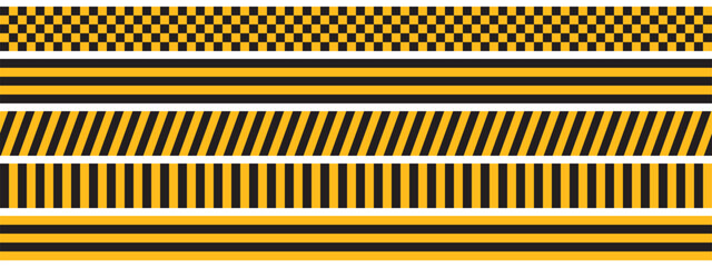 Set of taxi car marking stripes or caution tapes isolated on white background. Black and yellow checkered and striped textures. Forbidden, safety, danger or warning ribbons. Vector flat illustration