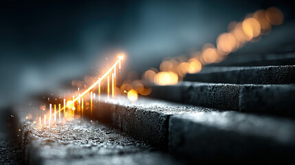 Increasing growth symbolized by a rising arrow over a staircase.