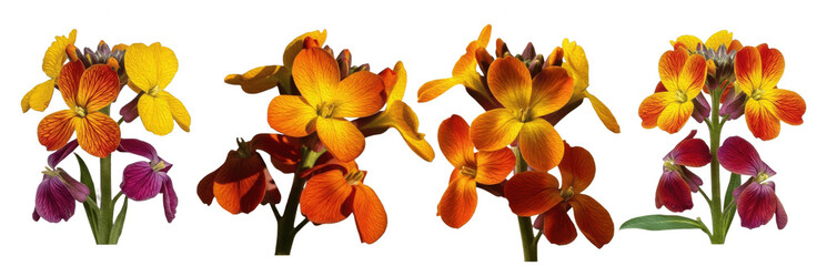 Set of Western Wallflower (Erysimum capitatum) with Leaves isolated on transparent PNG background, wildflower botanical collection