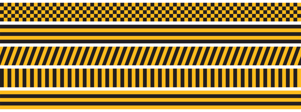 Set of taxi car marking stripes or caution tapes isolated on white background. Black and yellow checkered and striped textures. Forbidden, safety, danger or warning ribbons. Vector flat illustration