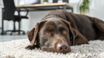 A chocolate Labrador retriever lies relaxed on a soft carpet in a modern office environment, gazing thoughtfully into the distance. The workspace background adds a contemporary touch