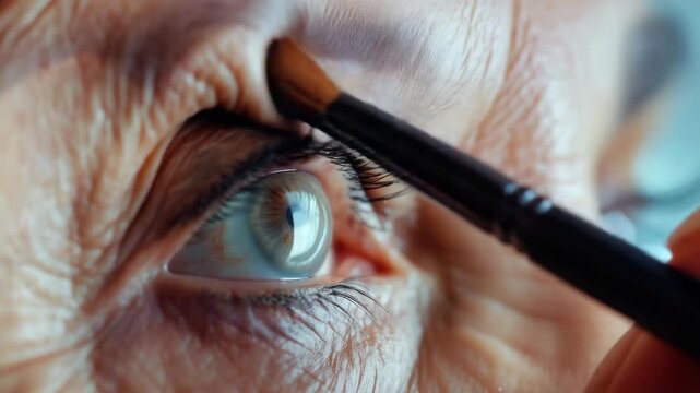 A person's eye and surrounding skin are visible as a skilled artist applies dark brown eyeliner with precision. The individual's attention to detail is evident in the careful strokes with the brush.