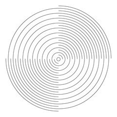 Concentric circles with whole and interrupted lines isolated on white background. Ripple, epicentric or sonic wave, shockwave, vibration or signal signs. Vector graphic illustration