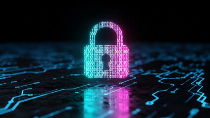 Digital padlock icon glowing with neon pink and blue light on a circuit board background, representing cybersecurity and data protection