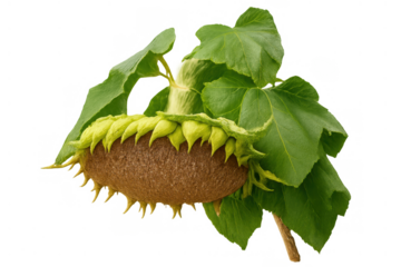 Sunflower head with green leaves showing seeds developing, isolated with transparent background, agricultural harvest concept