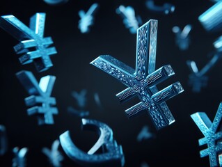 Glowing Yen Currency Symbols Floating in Dark Space