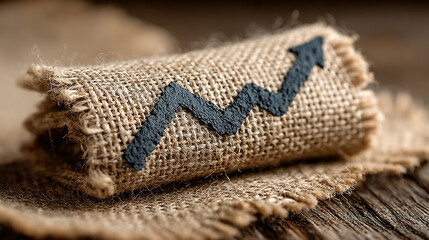 Burlap fabric with a black rising trend graph symbol, placed on wood surface.