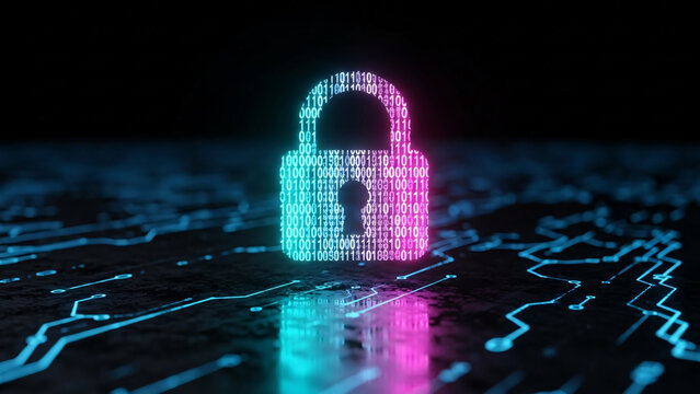 Digital padlock icon glowing with neon pink and blue light on a circuit board background, representing cybersecurity and data protection - Powered by Adobe