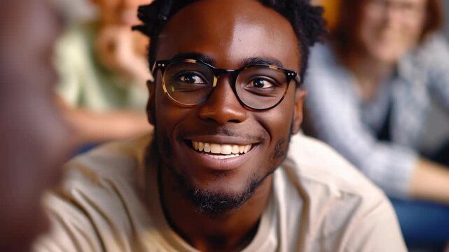 A cheerful young individual with glasses and facial hair looking towards the camera and smiling broadly.