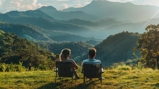 A man and woman sitting in lawn chairs on a mountaintop during sunset.