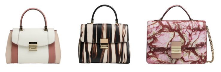 Three diverse, stylish handbags with top handles