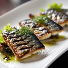 Grilled Fish Fillet with Herbs on White Plate Gourmet Cuisine