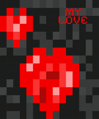 Minimalistic seamless valentine pattern with red pixel hearts on a abstract design 