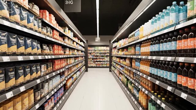 A clean, modern supermarket aisle is shown in a photorealistic 3d rendering, emphasizing the deep, symmetrical perspective of fully stocked shelves in a contemporary grocery store.