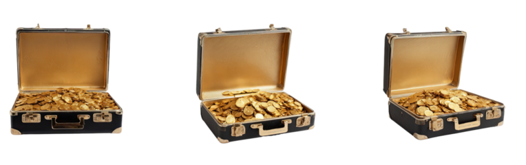 Three open briefcases overflowing with gold coins and bullion