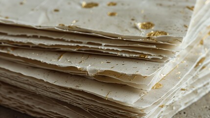 Stack of Handmade Paper Sheets with Gold Texture Detail