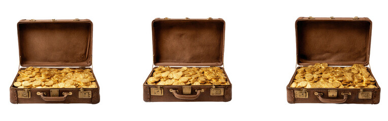Three open briefcases filled with golden coins, against a black backdrop